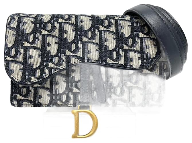 Christian Dior Oblique Trotter Saddle Belt Pouch Navy blue Leather Cloth  ref.2106100