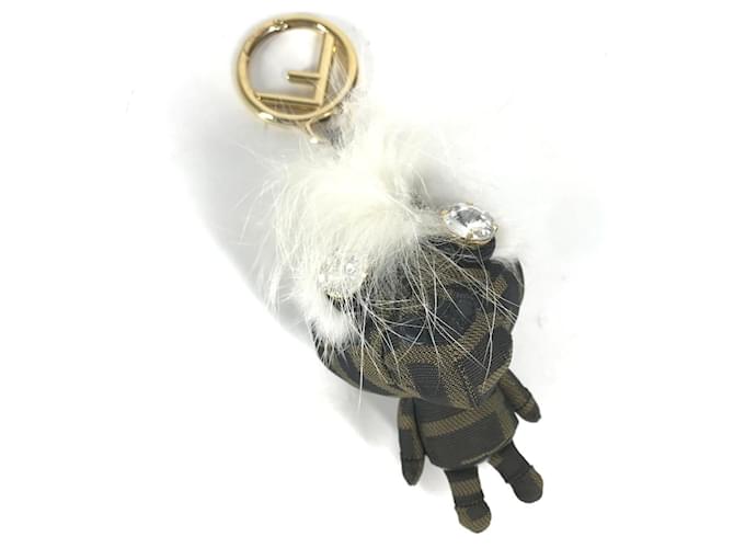 Fendi Fur Rhinestone Zucca Logo Monster Space Monkey Keychain Brown Khaki Cloth  ref.2106199