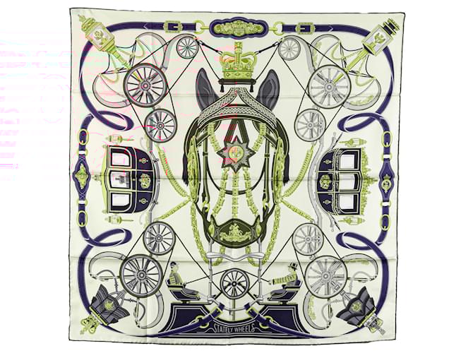 Hermès White Stately Wheels Silk Scarf Cloth  ref.2106329