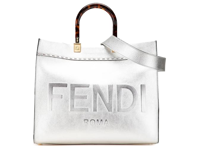 Fendi Silver Medium Metallic Leather Sunshine Shopper Tote Silvery Pony-style calfskin  ref.2106377