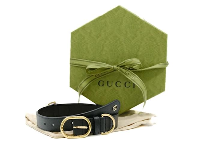 Gucci Interlocking G Large Pet Dog Collar Black Golden Leather  ref.2107314