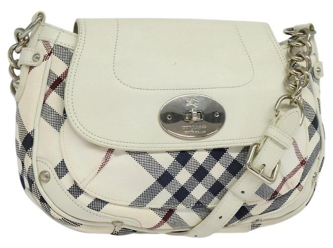 BURBERRY Nova Check Blue Label Bag Canvas Leather White Silver Auth EC349 Silvery
