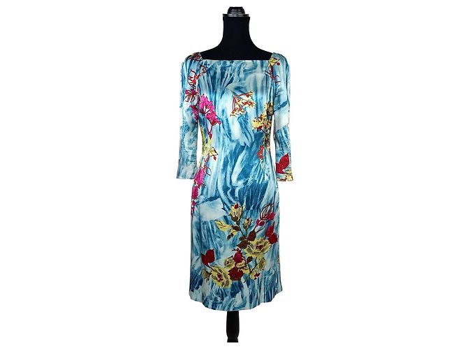 Frühlingskleid aus Seide mit Blumen Christian Lacroix Blau Mehrfarben