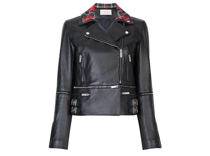 Christopher Kane Black Leather Tartan Collar Biker Jacket Multiple colors
