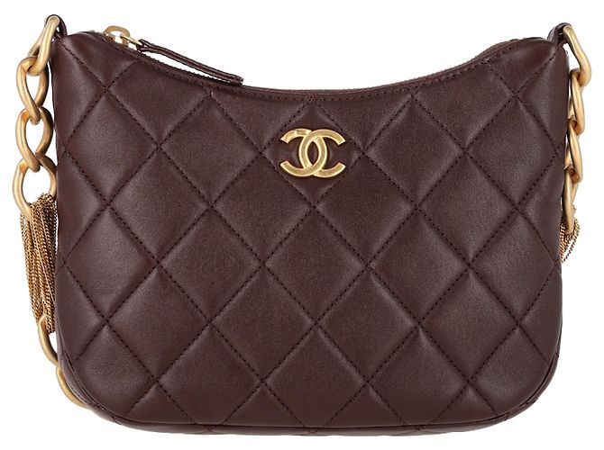 Timeless  Chanel CC Quilted Mixed Chain Hobo Shoulder Bag in Brown Leather Red