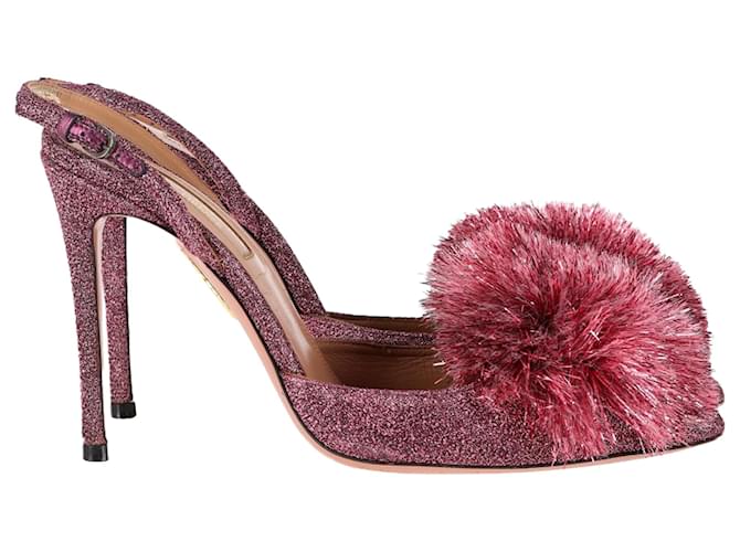  Aquazzura Pom-Pom Detail Slingback Pumps in Pink Glitter  ref.2108239
