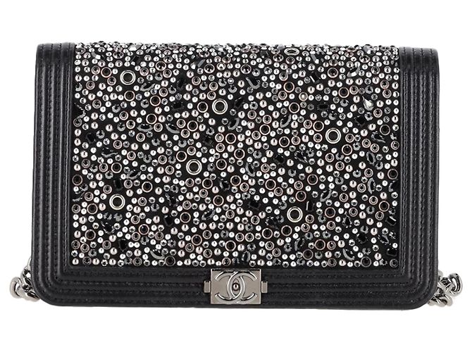 Chanel Old Medium Boy Beaded Shoulder Bag in Black Calf Leather