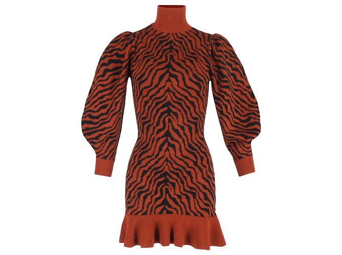 Vestido mini com babados estampado Ulla Johnson Joni em lã rustica Laranja