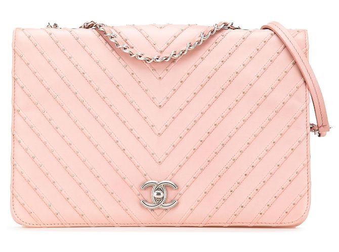 Chanel Rosa Chevron Couro de Bezerro Studded Full Flap