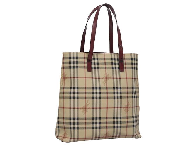 Borsa a Spalla Burberry Nova Check PVC Beige Rosso Vino Argento Auth EC077 Bordò