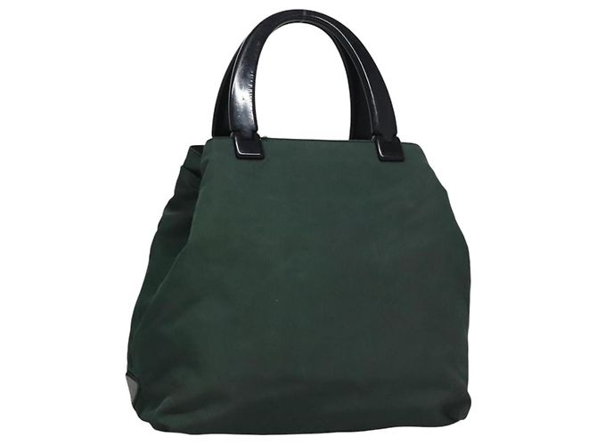 PRADA Bolsa de mão de nylon plástico caqui prata Auth bs23618