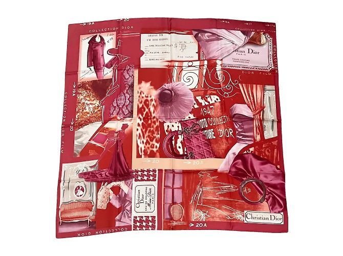 Lenço de seda Dior branco e vermelho 85x85 cm