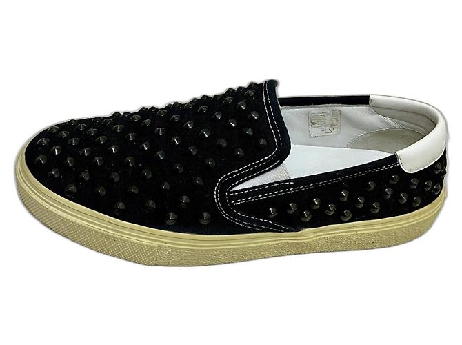 Saint Laurent Studded Canvas and Leather Flats Black White