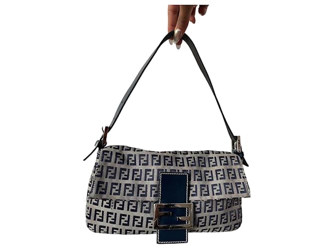 Fendi Baguette Toile Bleu Beige  ref.2109245