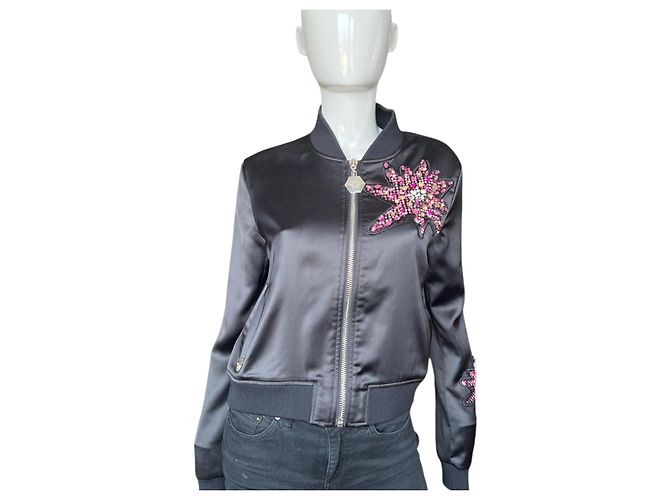Giacca Bomber Philipp Plein Nera con Strass Cotone Lino Nero