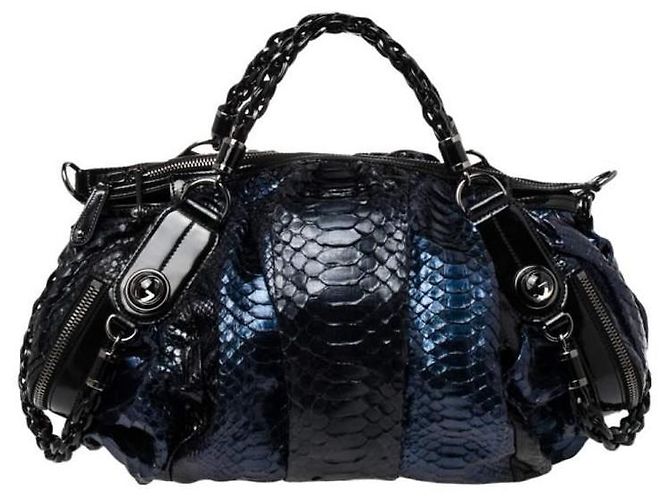 Borsa Galaxy Grande in Python Blu e Pelle Nera Gucci Nero Blu scuro