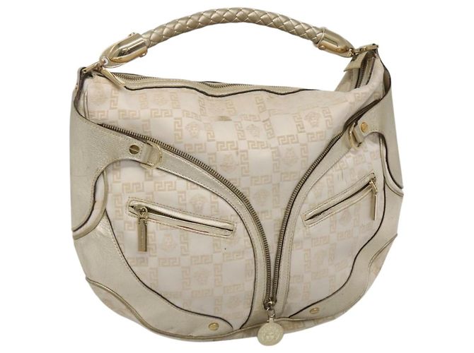 Bolsa de ombro Gianni Versace em lona e couro branco dourado Auth bs23095