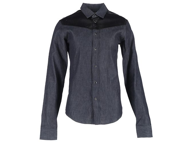 Camisa de manga longa em denim de algodão cinza com detalhes em couro Saint Laurent