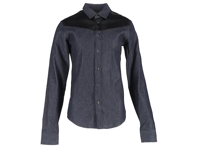  Saint Laurent Leather Trim Long Sleeve Shirt in Grey Cotton Denim  ref.2111641