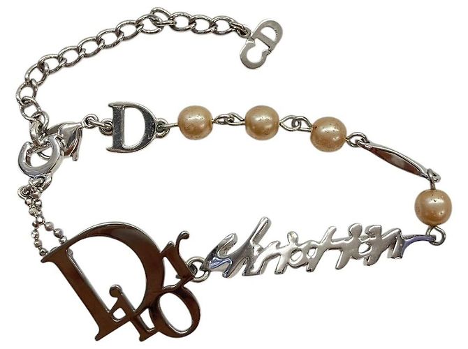Christian Dior Silver Logo Pearl Chain Bracelet Silvery