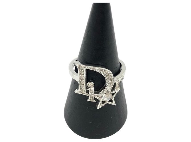 Anel Logo Estrela em Strass Prateado Christian Dior Prata