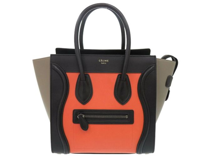 Céline Celine Luggage Micro Shopper Leather Multicolor Handbag Black Beige Orange