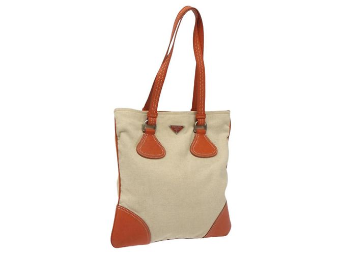 PRADA Bolso de mano de lona beige plateado Auth EC559 Plata