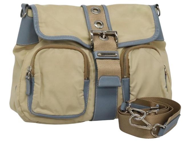 Bolsa de Ombro PRADA em Nylon e Couro Bege Auth ki5455