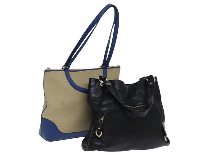 BALLY Shoulder Bag Canvas Leather 2Set Beige Black Auth bs23228
