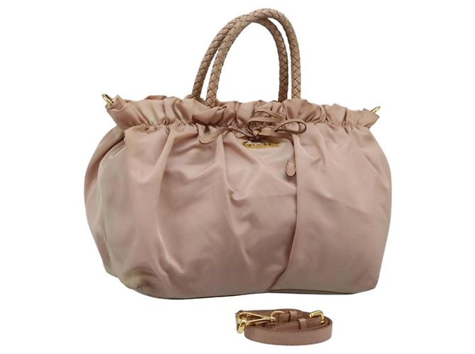 PRADA Bolso de mano de nylon cuero 2 vías rosa dorado Auth EC720