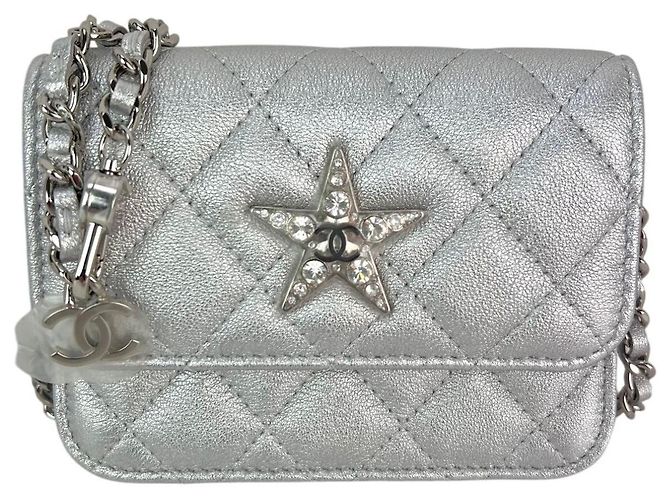 Bolsa de ombro cintura em couro de cabra metálico acolchoado estrela Chanel Prata