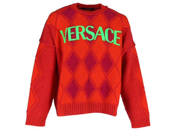 Roter Wollpullover mit Versace-Logo und Argyle-Muster 