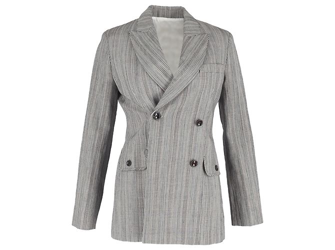 Joseph Houndstooth Double-Breasted Blazer in Grey Wool