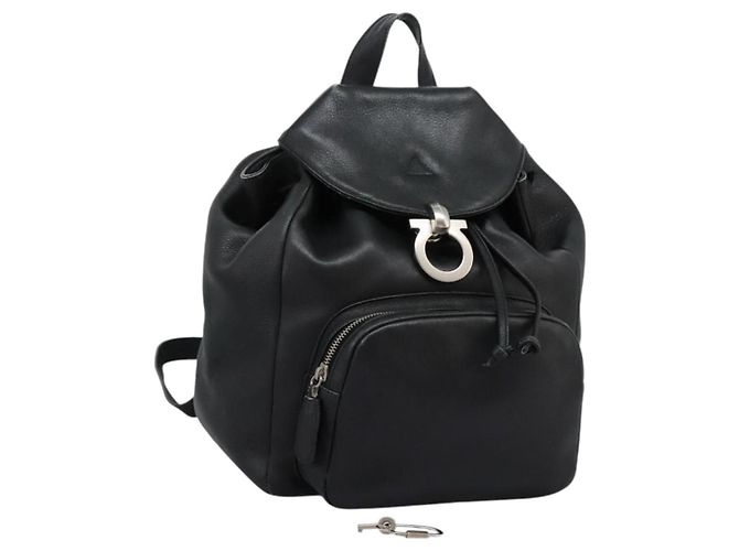 Salvatore Ferragamo Gancini Backpack Leather Black Silver Auth EC696 Silvery