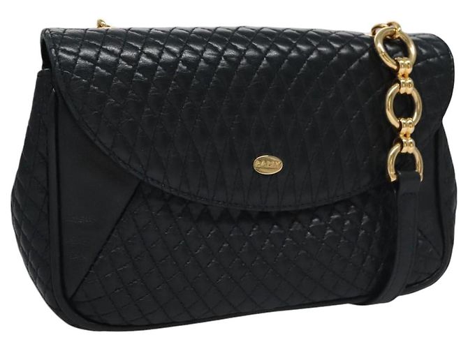 Bolsa de Ombro BALLY em Couro Azul Marinho Dourado Auth EC776