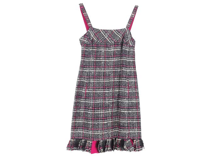 Vestido mini em tweed xadrez com babados em algodão cinza e rosa da Chanel