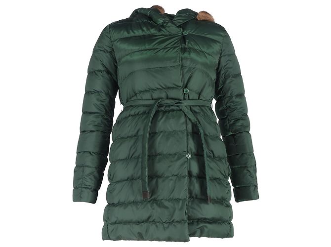 Jaqueta de down verde em poliamida com cinto e acabamento em pele de Max Mara Verde oliva