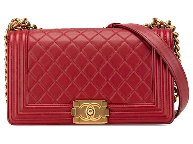 Chanel Red Old Medium Lambskin Boy Flap Leather  ref.2120079