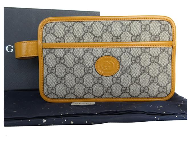 Gucci GG Supreme Clutch Bag Brown Beige Yellow Leather Cloth  ref.2120228