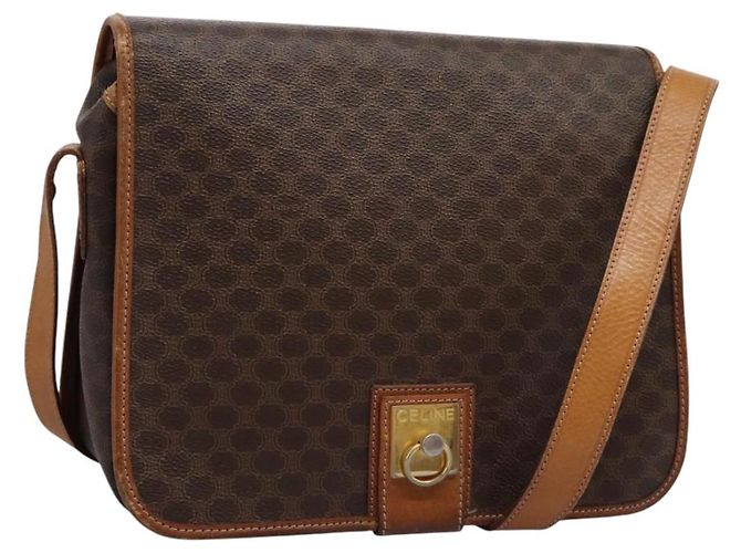 Céline Bolsa de ombro em lona Macadam CELINE em couro PVC marrom dourado Auth BD871