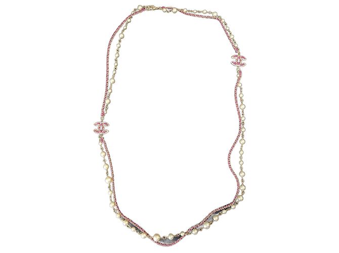 Chanel CC B21P Logo Colar de Couro Rosa com Pérolas e Cristais GHW