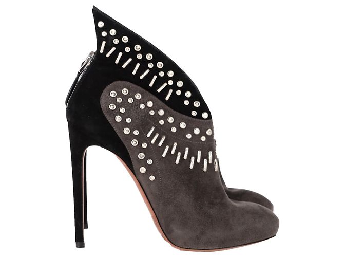 Alaïa verzierten Stiefeletten mit Flügeln aus grauem und schwarzem Wildleder