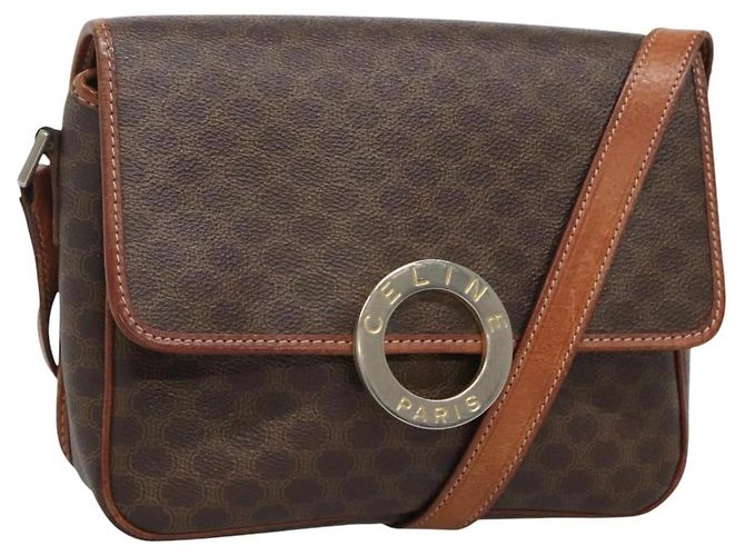 Céline CELINE Macadam Canvas Circle Shoulder Bag PVC Leather Brown Gold Auth EC528