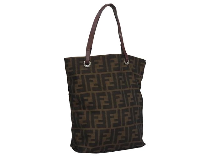 FENDI Zucca Canvas Handtasche braun schwarz silber Auth EC490