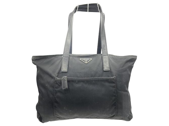 Prada Nylon Black Logo Calf Leather Tote Boston Shoulder Bag
