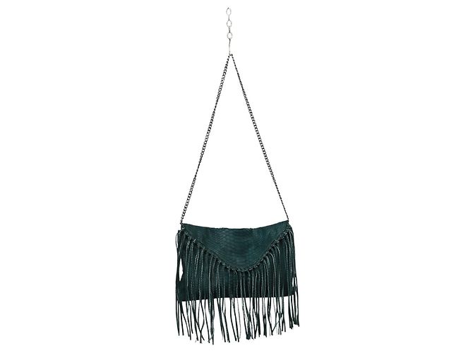 Autre Marque Sac à main Wings en cuir de python vert à franges et chaîne
