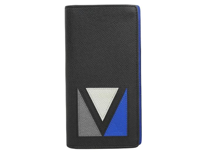 Louis Vuitton Taiga Portefeuille Brazza Bi-fold Long Wallet Black Blue Leather  ref.2126138