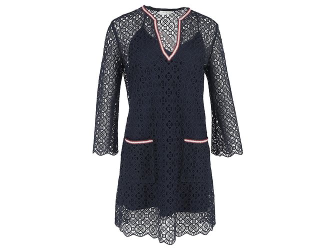 Sandro Paris Lace Mini Dress in Navy Blue Polyester