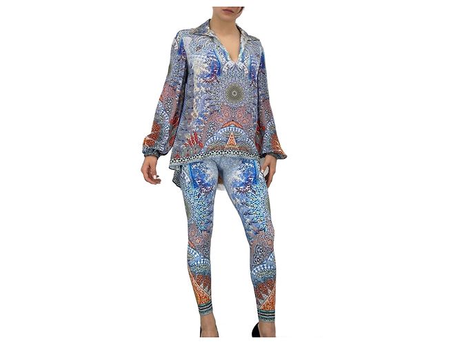 Camilla Seidencrepe-Bluse mit Kristallen Blau Mehrfarben Orange Hellblau