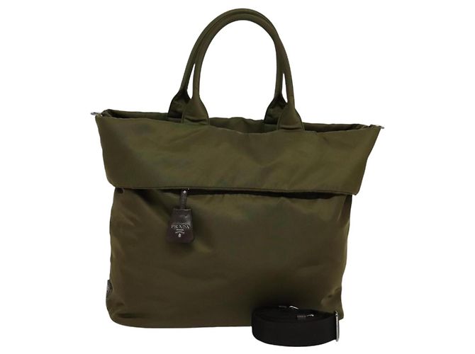PRADA Borsa a mano in nylon 2 vie khaki Auth ac3713 Cachi